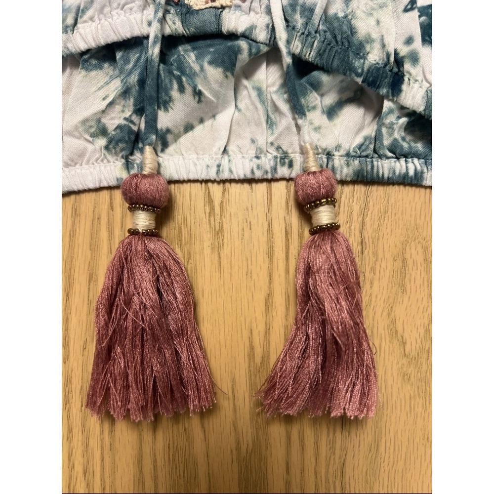 Skemo Blue Tie Dye Embroidered V-Neck Blouse Tassels Size M Boho Hippie Festival - Picture 8 of 11
